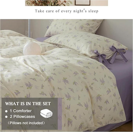 VM VOUGEMARKET Twin XL Comforter Set,Purple Flower Bedding Comforter Set Nature Shabby Botanical Style,1 Soft Comforter and 2 Pillow Shams for Girls (3pcs,Twin XL)