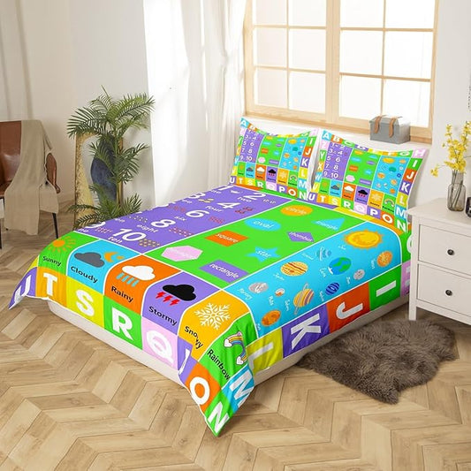 Castle Fairy Alphabet Duvet Cover King Size,Educational Weather Planets Number Bedding Set 3pcs for Teens Adults,Watercolor Patchwork Comforter Cover Soft Quilt Cover,No Comforter