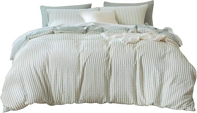 Queen Size Comforter Set Striped Soft Luxury Washed Microfiber Jacquard 3 Pieces Bedding, Grayish Green Vertical Ticking Stripes Pattern Comforter with 2 Pillowcases Breathable Durable Comfy