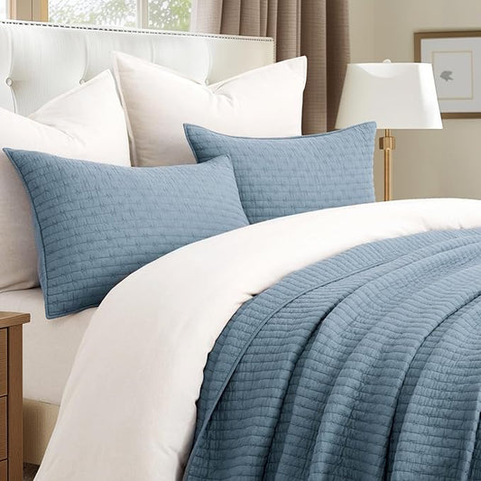 EVERGRACE x Kinsey Walsh Cross Stitch Pre-Washed Cotton Quilt Bedding Set King Size, Oversized 3 Pieces Lightweight Bedspread Coverlet for All Season, with 2 Matching Shams, Dusty Blue, 118"x106"