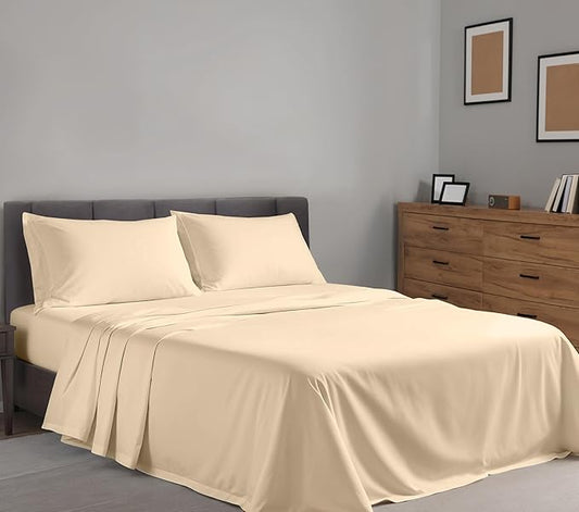 RUVANTI 100% Cotton Sheets – California King Percale Bedding, Cooling & Breathable, Durable with a Crisp, Soft & Comfortable Feel, 14" Deep Pocket, 4-Piece Set, Beige