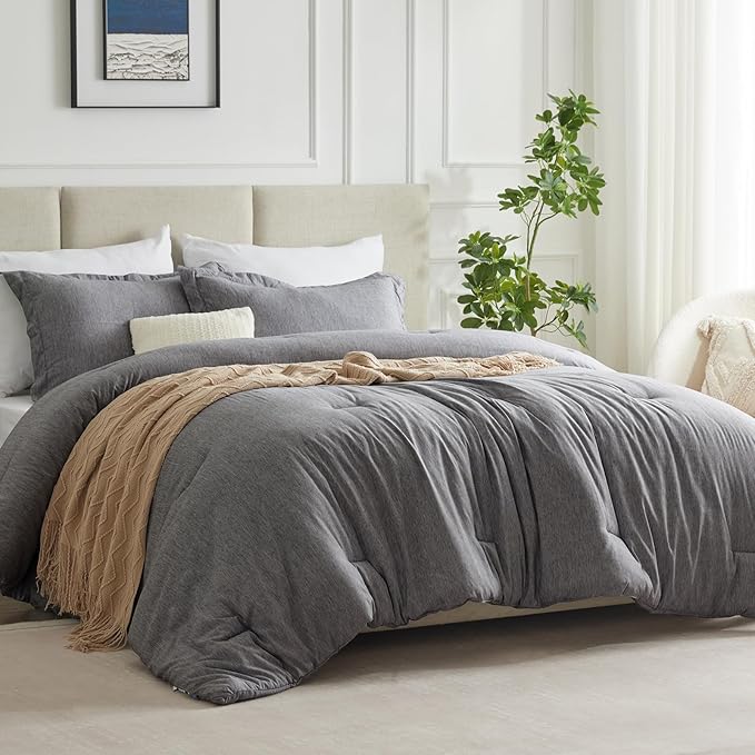 CozyLux Oversized King Comforter Set, 3 Pieces 120x98 Grey Soft Luxury Cationic Dyeing Bedding Set All Season, Gray Breathable Lightweight Bed Sets with 1 Down Alternative Comforter and 2 Pillow Shams