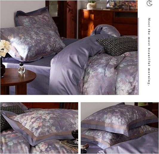 VM VOUGEMARKET Purple Floral Duvet Cover Set Queen,3 Pieces Garden Flower Duvet Cover with 2 Pillow Shams Smooth Silky Long Staple Cotton Bedding Set-Queen,90x90 Inch