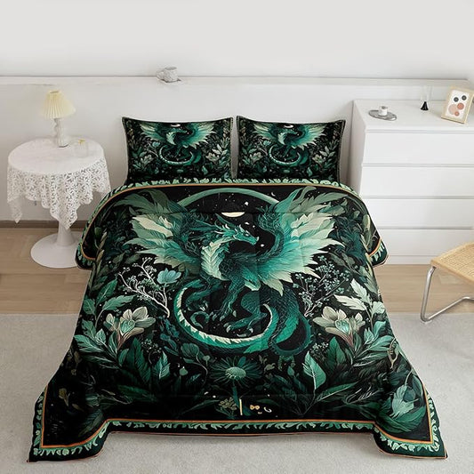 Feelyou Dragon Comforter Set All Season Dragon Stuff Bedding Set with 2 Pillow Cases Wild Life Kids King Bedclothes Magic Wildlife Bedroom Decor Greenish Duvet Quilt Breathable Soft