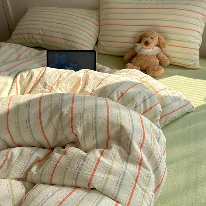 EAVD Retro Striped Duvet Cover Set Full Size 100% Cotton Vintage 3-Pieces Stripes Bedding Set with 2 Pillowcases Farmhouse Geometric Comforter Cover with Zipper Closure(Orange&Blue&Green, Full)