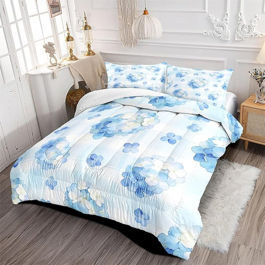 Girls Women 3Pcs Blue Hydrangea Comforter Set, Botanical Floral Bedding Set Full Size, Cottage Bed Sets with 1 Comforter 79"x 90" and 2 Pillowcases