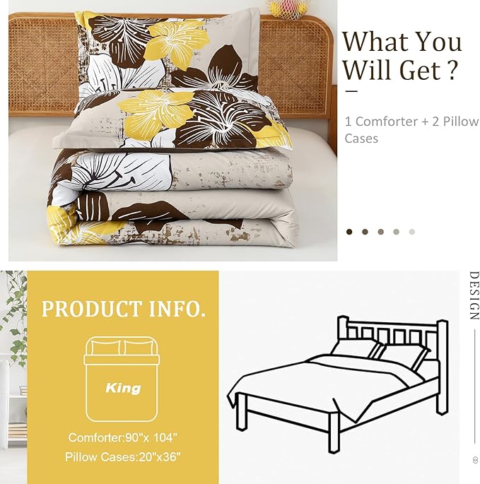 Menghomeus Brown Floral Comforter Set King Ombre Brown Bedding Lightweight Microfiber Bed Comforter for All Season, 3 Piece Flowers Comforter with 2 Pillowcases