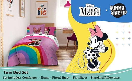 Sunny Side Up Disney Minnie Mouse Twin Comforter Set – 5 Piece Kids Bedding Includes Comforter, Sheets & Pillow Cover – Super Soft Rainbow Dots Microfiber Bed Set