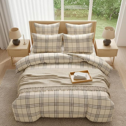 Nayoroom Plaid Duvet Cover Queen Size Vintage Tan Cream Gingham Checkered Duvet Cover Dorm Bedding Set 3 Pieces Soft Lightweight Microfiber Farmhouse Bedding Set Gifts for Women Men