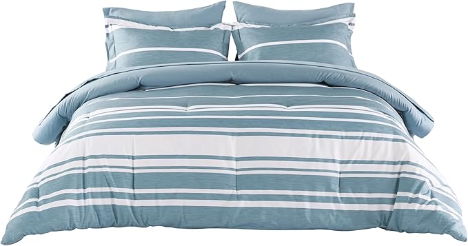 Bedsure Twin Comforter Set 5 Pieces, Grey Blue Striped Bedding Set for All Seasons, Reversible, Cationic Dyeing Bed in a Bag with Comforter, Sheets, Pillowcase & Sham