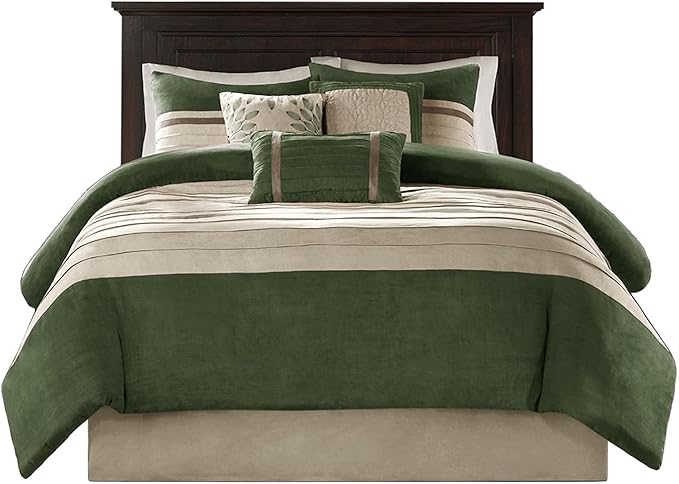 Madison Park Cozy Comforter Set-Luxury Faux Suede Design, Striped Accent, All Season Down Alternative Bedding, Matching Shams, Decorative Pillow, Green, California King (104 in x 92 in)