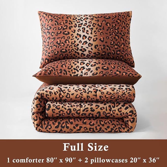 PERFEMET Leopard Print Comforter Set Full, 3 Pieces Animal Cheetah Print Bedding Set with 2 Pillowcases, Soft Fluffy Farmhouse Leopard Pattern Bed Set for All Season (Brown, Full)