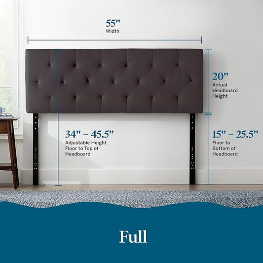 Lucid Mid-Rise Upholstered Headboard - Diamond Tufted - Padded Polyester - Adjustable Height from 34” to 46” - Easy Assembly - Bed Frame or Wall Mount - Sturdy - Charcoal - Full / Full XL Size