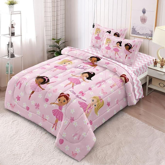 Twin Bedding Set for Girls Kids 5 Pieces Comforter Sets Bed in a Bag Pink Floral Ballerina Bedding Comforter Sheet Set Cute Bedroom Decor