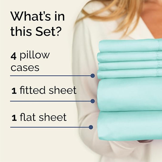 Cal King 6 Piece Sheet Set - Comfy Breathable & Cooling - Ultra-Soft Hotel Luxury Bedding Set w/ 8-16 Inch Deep Pockets - 1 Flat & 1 Fitted Sheet & 4 Pillowcases - Wrinkle Free & Easy Care - Spa Blue