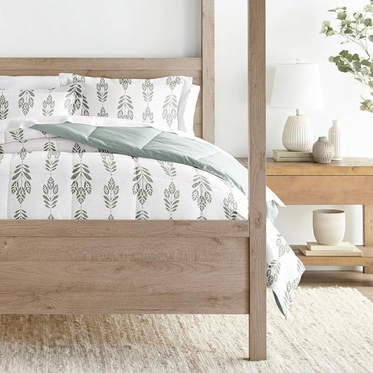 LINENS & HUTCH Comforter Set Patterned Microfiber All Season Down-Alternative Ultra Soft Bedding in Folk Leaves - King/Cal-King Folk Leaves Eucalyptus
