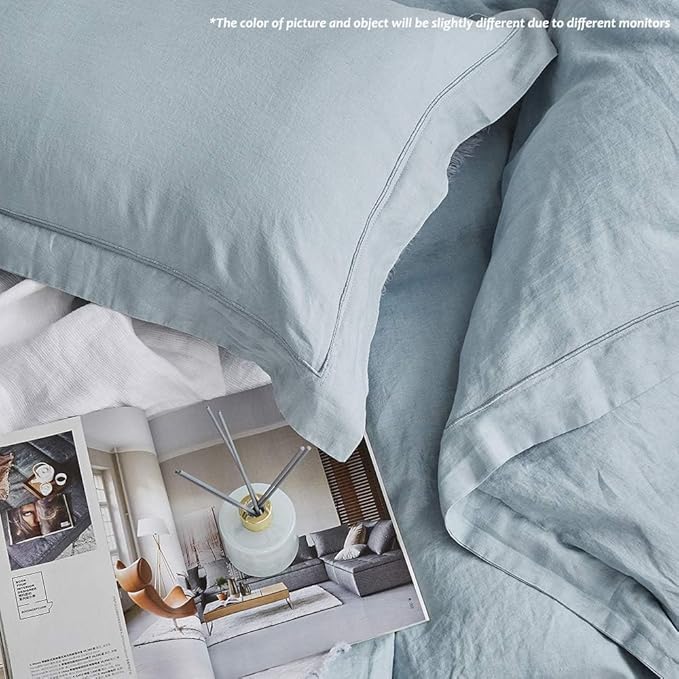 Simple&Opulence 100% Linen Duvet Cover Set with Embroidery Border Washed - 3 Pieces (1 Duvet Cover & 2 Pillow Shams) with Button Closure Soft Breathable Farmhouse - Dusty Blue, Queen Size