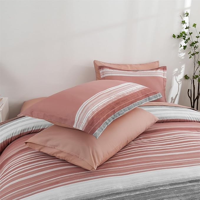 KAKIJUMN 7 Piece Bed in a Bag Stripe Comforter Set Full Size, White Grey Blush Pink Patchwork Striped Comforter and Sheet Set, All Season Soft Microfiber Complete Bedding Sets(Pink,Full)
