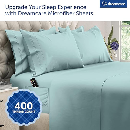 DREAMCARE King Size Sheets Set โ 6 pcs Cooling Bed Sheets โ up to 15โ Deep Pocket King Sheet Set โ 2500 Supreme Collection โ Extra Soft 100% Brushed Microfiber Hotel Luxury with Side Pocket โ Spa Blue