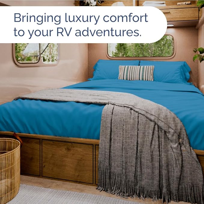 Short Queen Size 4 Piece Sheet Set - RV Short Queen, Soft, Breathable & Cooling Bed Sheets Set w/ Deep Pockets - Hotel Luxury Bedding for Women, Men, Kids, Teens, Boys & Girls - Oeko-Tex - Denim Blue
