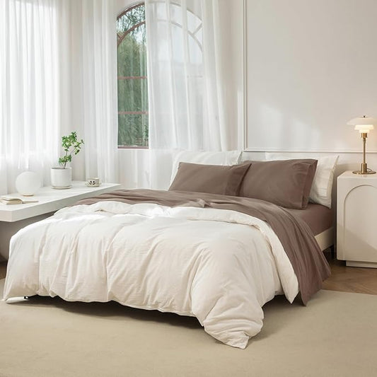 JIYUAN King Size Sheet Set, 4-Piece - 100% Washed Cotton, Linen-Like Soft & Breathable, Includes Deep Pocket Fitted & Flat Sheet with 2 Pillowcases, Hotel Quality, Solid Light Brown