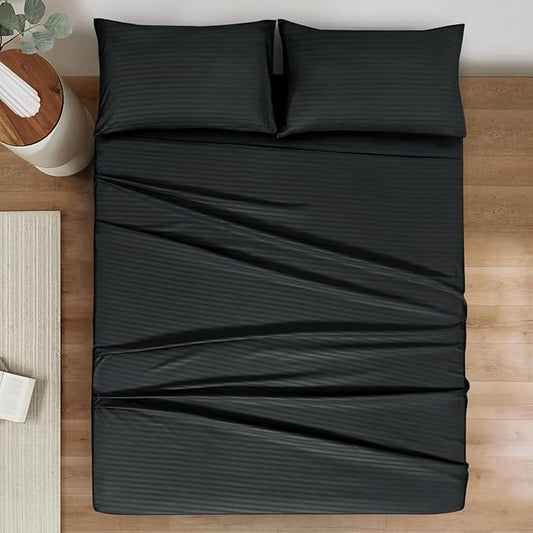 Mejoroom Striped Full Size Sheets – Extra Soft Full Size Bed Sheets - 16inches deep Pocket Full Sheet Set, Breathable, Wrinkle, Fade and Stain Resistant – 4 Piece(02-Black)