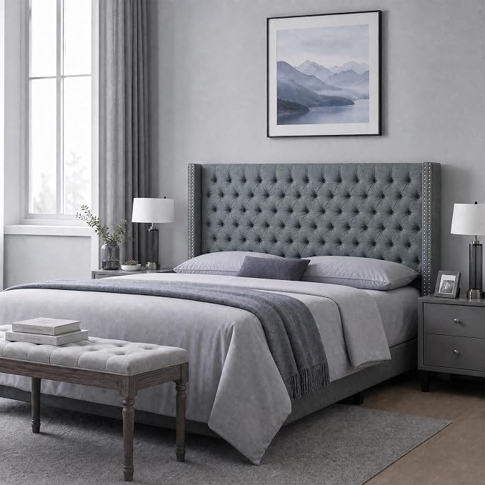 Madison Park Queen Wingback Upholstered Tufted Headboard, Featuring High-Density Sponge Padding, Adjustable Height Headboard, Easy Assembly, Dark Grey Woven