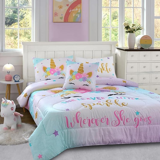 Cokouchyi Twin Comforter Set for Girls, 5-Piece Bed in a Bag, 3D Colorful Unicorn Bedding Comforter Sheet Set, Ultra Soft and Fluffly, Pink & Rainbow Color