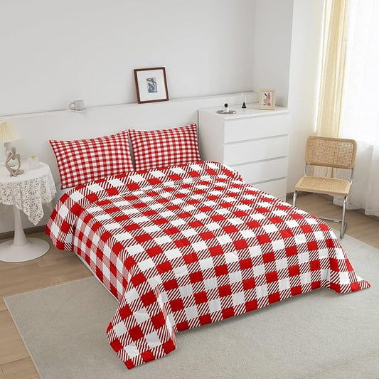 Manfei Red Plaid Bedding Set Full Size Buffalo Check Plaid Comforter Classic Gingham Pattern Comforter Set Red White Grid Duvet Set 3Pcs Quilt Set 1 Comforter Set with 2 Pillowcase