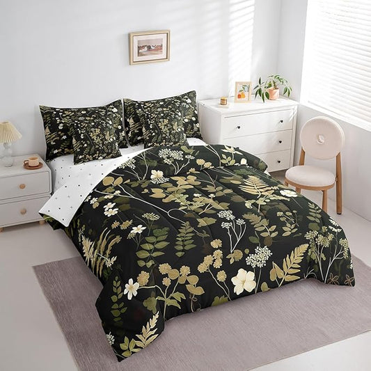 Castle Fairy Botanica Leaves 7 Pieces Bedding Set King Bed in a Bag,Wild Plants Retro Jungle Flowers Comforter Set for Be3droom Decor,Retro Farmhouse Style Soft Warm Microfiber Bedding