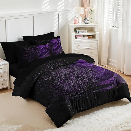 Nesker Comforter Set Queen Size, Purple Rose 7 Pcs Bedding for Kids and Adults, Fantasy Dream Flower Bed Sheet Sets with Fitted Sheet 2 Pillowcases & 2 Shams