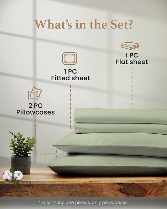 Good Sleep Bedding Twin XL Sheet - 100% Egyptian Cotton Sheets, 4 Pc, Twin XL Sheet Set, Cooling Bed Sheets, Sateen Wave, Luxury Twin XL Sheets College Dorm Fits 16" - Sage