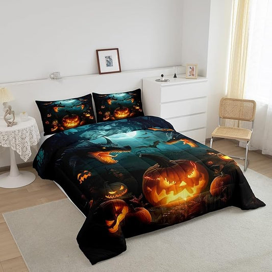 Dragon Pumpkin Comforter Set King Size,Bat Moon Tree Branch Horror Bedding Set for Kids Boys Girls Room Decor,Happy Halloween Duvet Insert 3Pcs,Retro Wild Animal Moonlight Quilt Set,2 Pillowcases