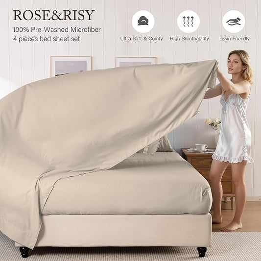 ROSE&RISY Khaki King Size Sheet Set, Pre-Washed Microfiber Cotton-Like 4 Pcs Ultra Soft Bedding Set King, Breathable Cooling Skin-Friendly All Seasons, 1 Fitted, 1 Flat, 2 Pillowcases (Khaki, King)