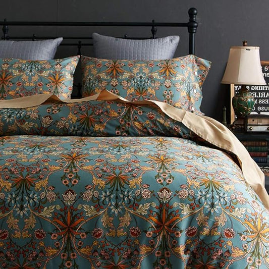 VM VOUGEMARKET Bohemia Duvet Cover Set King,3 Piece Long Staple Cotton Comforter Cover with Zipper Closure,Green Golden Elegant Bedding Set-Carol,King