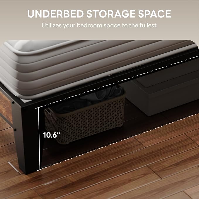 LIKIMIO Full Size Bed Frame, Storage Headboard with Charging Station, Solid and Stable, Noise Free, No Box Spring Needed, Easy Assembly (Vintage and Black)