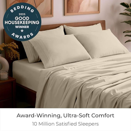 Mellanni Full Sheet Set - 6-Piece Iconic Collection Bedding, (Including 4 Pillowcases), 21-Inch Extra Deep Pocket, Easy Care, Ultra Soft, Cooling Sheets, Brushed Microfiber - Beige