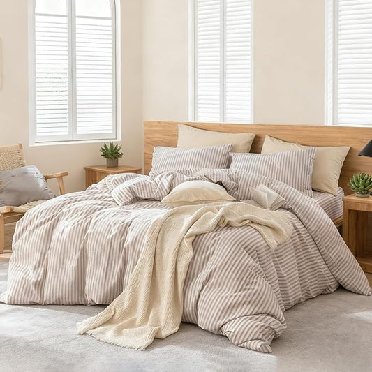 Nayoroom Striped Duvet Cover Queen Size - 100% Washed Cotton White Duvet Cover with Brown Stripes Pattern, 3 Pieces Soft Breathable Girls Dorm Bedding Set for Hot Sleepers, Yarn Dyed Process