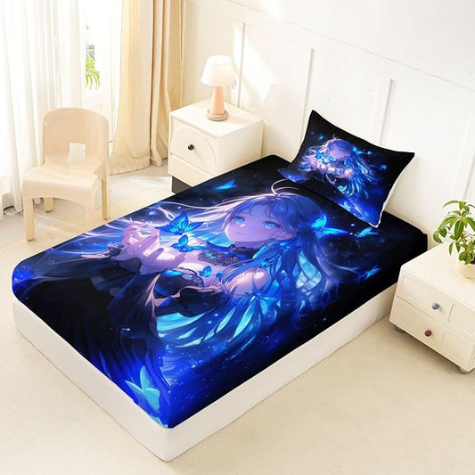 Erosebridal 3D Japanese Girl Fitted Sheet for Boys Girls Kids Blue Butterfly Decorations Twin Bed Sheets,Cartoon Sheets Anime Gifts for Her Bedding Sets, No Top Sheet