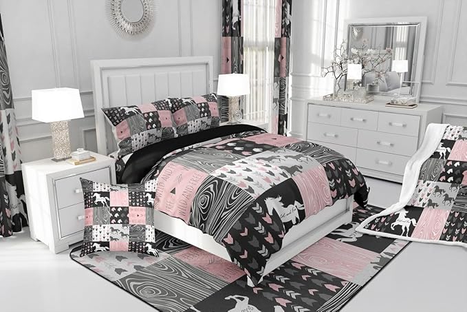 Girls Unicorn Comforter King Girly White Horse Bedding Western Cowboy Cowgirls Quilt Patchwork Buffalo Plaid Duvet Insert Arrow Stripes Wild Animal Soft Down Comforter 3Pcs Bedroom Decor,Pink Black