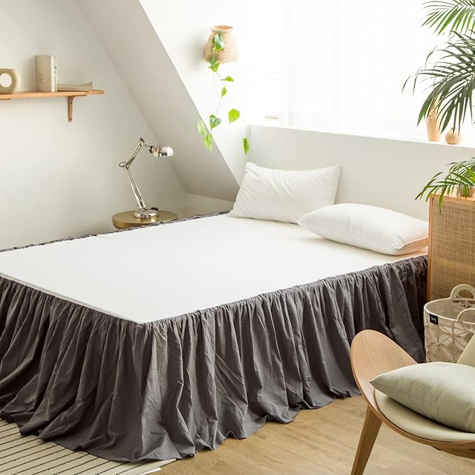 BISELINA French Linen Bed Skirt with Pleated Frills 14-Inch Tailored Drop Natural Flax Cotton Blend Dust Ruffle Soft Cozy Farmhouse Bedding (14" Full, Ruffle Dark Grey)