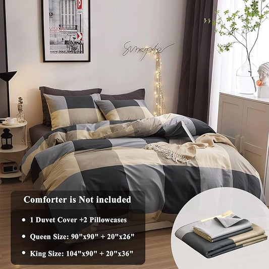 VM VOUGEMARKET Cotton Full Duvet Cover Set,3 Pieces Black Gray Plaid Duvet Cover with 2 Pillowcases Modern Simple Checkered Comforter Cover for Teens Boys Men-80x90 Inch