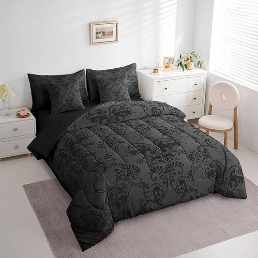 Erosebridal Gothic Damask Bed in a Bag King Size Comforter Set 7 Pieces,Sun Moon Tree of Life Bedding Sets Black Grey Victorian Floral Goth Sheet Set with Comforter