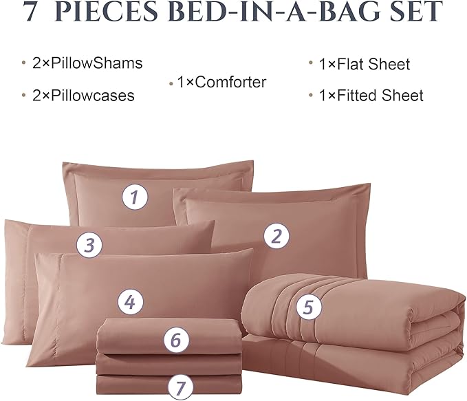 Monbix Queen Comforter Set - 7 Pieces Clay Pink Bed in a Bag Queen Bedding Sets with Comforters, All Seasons Comforter Bed Set with Sheets, Pillowcases & Shams
