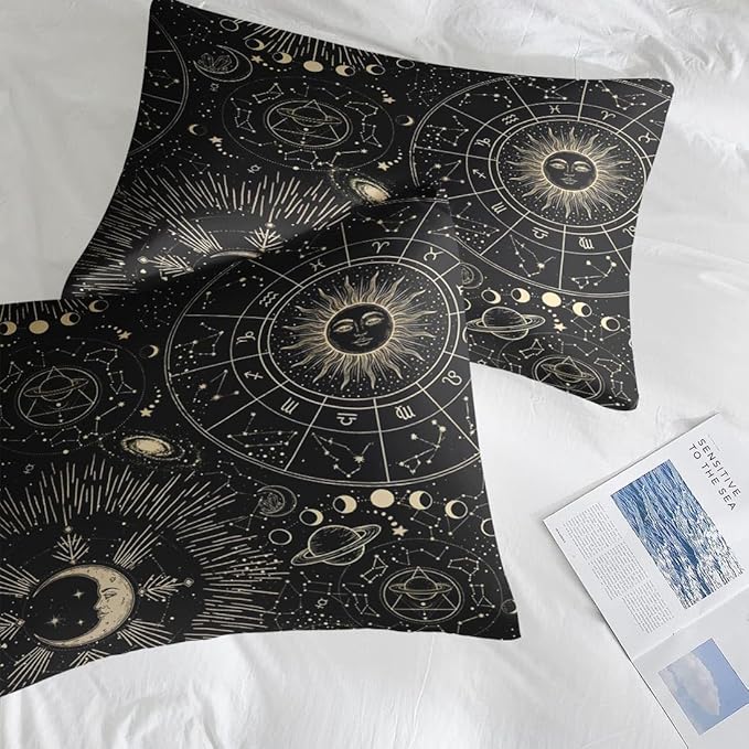 Comforter Set King Size, Sun Moon Astrology 7 Pcs Bedding for Kids and Adults, Space Science Galaxy Retro Bed Sheet Sets with Fitted Sheet 2 Pillowcases & 2 Shams for Bedroom Bed Decor