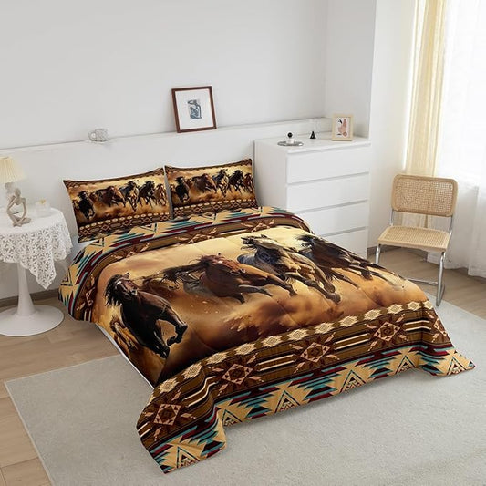 Feelyou Boho Comforter Set Queen Size Horses Comforter Southwestern Native Aztec Bedding Set Retro Exotic Boho Duvet Set Room Decor Dark Brown Quilt Set