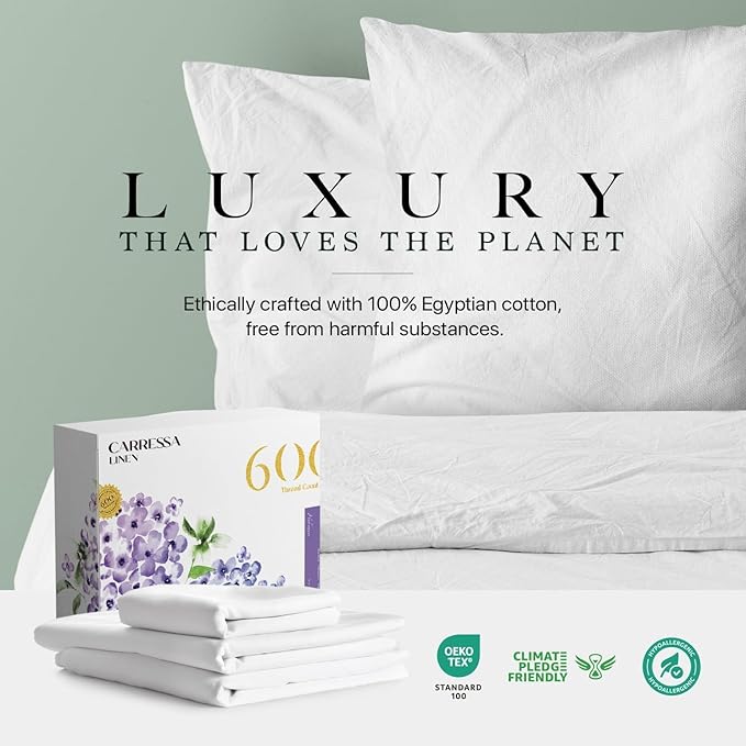 Carressa Linen 100% Egyptian Cotton Twin Sheets Set - 600 Thread Count Egyptian Cotton Luxury Twin Sheets (3 PC, Crisp White), 16" Deep Pocket, Soft, Cooling, Sateen Weave College Dorm Room Bedding