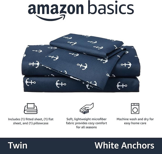 Amazon Basics Kid's Breathable Soft Microfiber 3-Piece Sheet Set, Easy-Wash, Machine Washable, Twin, White Anchors, Printed
