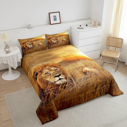 Lion Comforter Set Queen Size,3D Print Wild Animals Bedding Set for Teens Adult Men Room Decor,Natural Sunset View Quilt Set Rustic Prairie Duvet Insert 3pcs with 2 Pillowcases