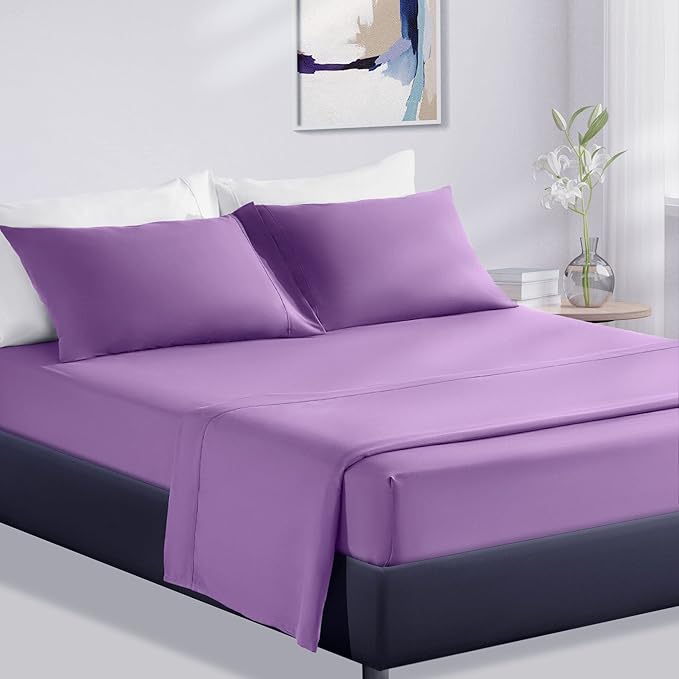 SLEEP ZONE Super Soft Cooling Twin Bed Sheets Set 3 Piece - Easy Care Fitted Flat Sheet & Pillowcase Sets - Wrinkle Free, Fade Resistant, Deep Pocket 16" (Lavender, Twin)